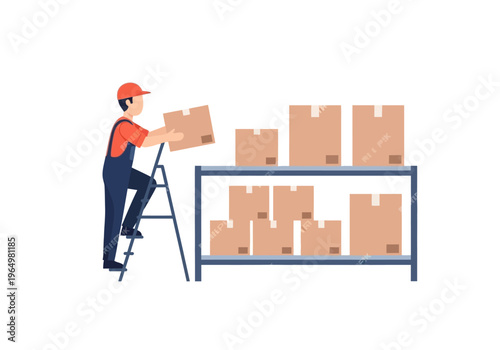 Delivery man in uniform climbing ladder to place box on warehouse shelf