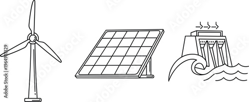 Renewable Energy Icon Set with Wind Turbine, Solar Panel, Hydropower Dam, and Sustainable Electricity Generation Minimal Line Vector Collection.