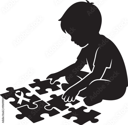 Autism Awareness Silhouette Collection, Neurodiversity Vector Art, Inclusion and Special Needs Black Graphics, Puzzle Piece Logo Design Elements