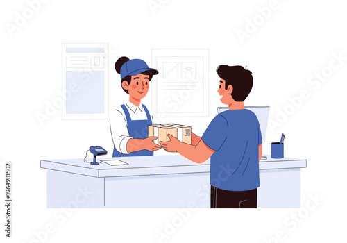 Delivery Person Handing Over a Package to a Customer at a Counter