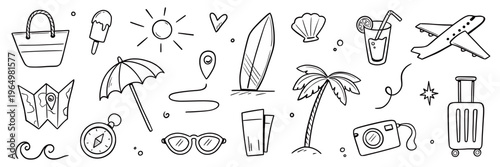 Summer beach icon travel element set. Hand drawn doodle line summer vacation, sketch sun, sea holiday trip. Cute beach icon, sunglasses, camera graphic elements. Vector illustration