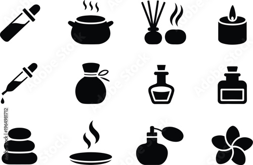 Aromatherapy spa display solid icons featuring essential oil bottles, aroma diffuser, incense sticks, scented candle, oil dropper, herbal wellness symbols, clean minimal vector design