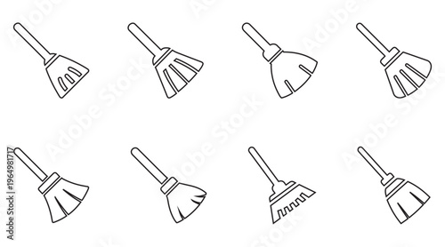 Broom cleaning tool line icon vector set, dust cleaning broom vector outline icon illustration