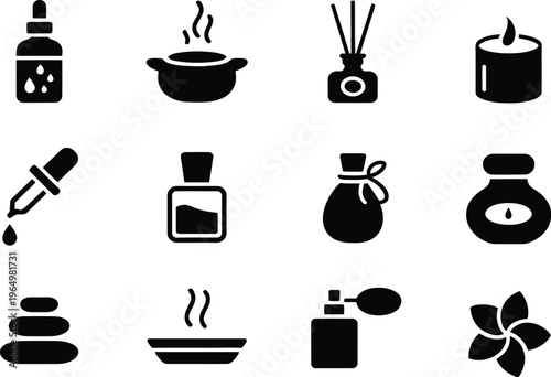 Aromatherapy spa display solid icons featuring essential oil bottles, aroma diffuser, incense sticks, scented candle, oil dropper, herbal wellness symbols, clean minimal vector design