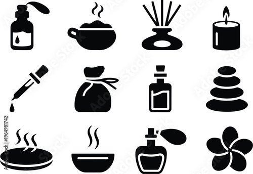 Aromatherapy spa display solid icons featuring essential oil bottles, aroma diffuser, incense sticks, scented candle, oil dropper, herbal wellness symbols, clean minimal vector design