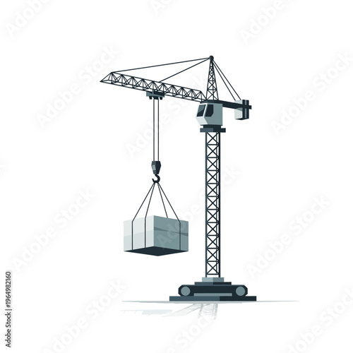 Modern Industrial Tower Crane Vector Illustration Lifting a Heavy Cargo Block, Minimalist Construction Site Equipment Isolated on White Background