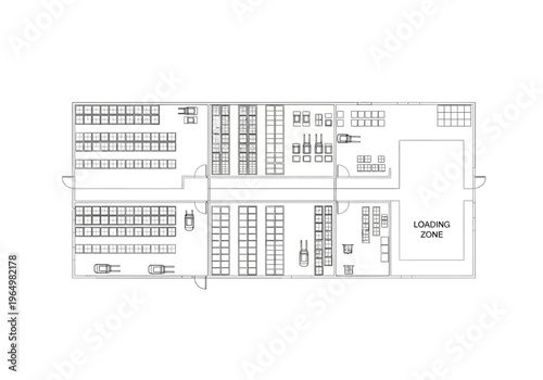 Warehouse layout plan with organized shelving, loading zone, and various storage units for efficient logistics management