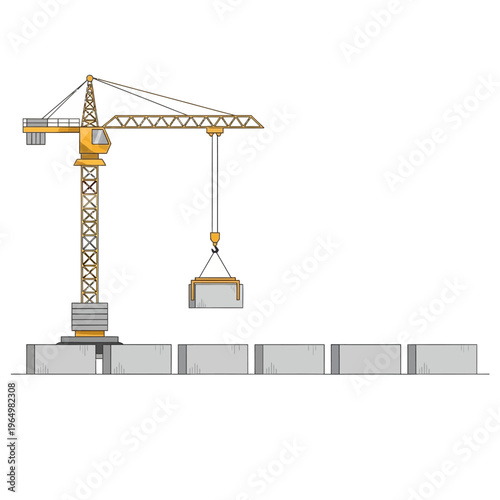Yellow Tower Crane Lifting Concrete Block Illustration. Minimalist Flat Vector Design for Construction Site, Building Industry, and Infrastructure Development.