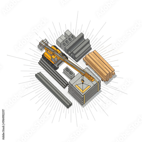 Isometric Construction Site Illustration with Mobile Crane, Steel Beams, Concrete Blocks and Lumber