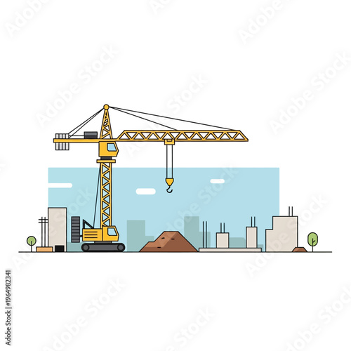 Industrial Construction Site Vector Illustration with Yellow Tower Crane and Urban Building Development