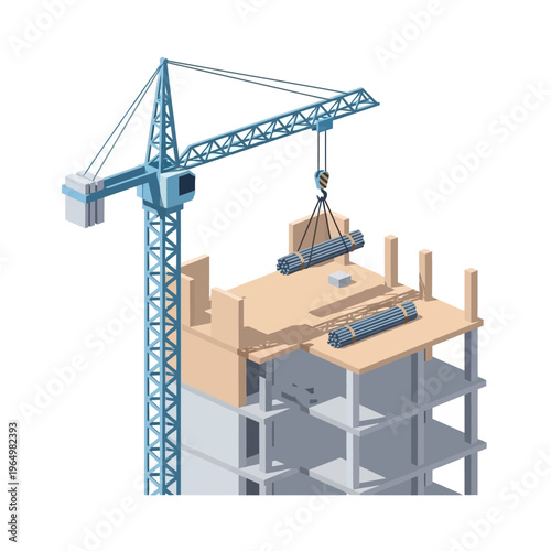 Isometric Construction Site with Tower Crane Lifting Steel Reinforcement, 3D Vector Illustration of Building Under Progress for Urban Development and Architecture Design
