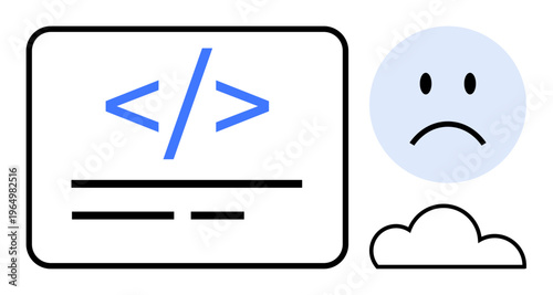 Coding error concept. Sad face, cloud, and code highlight software issues and web challenges. Coding error visuals to debugging, software troubleshooting, and development process. Perfect for IT
