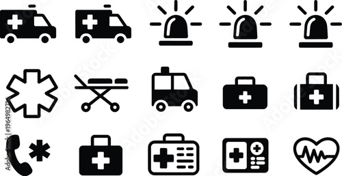 Ambulance vector icons featuring emergency medical service symbols, including ambulance vehicle