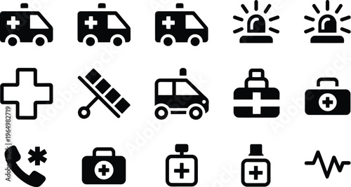 Ambulance vector icons featuring emergency medical service symbols, including ambulance vehicle