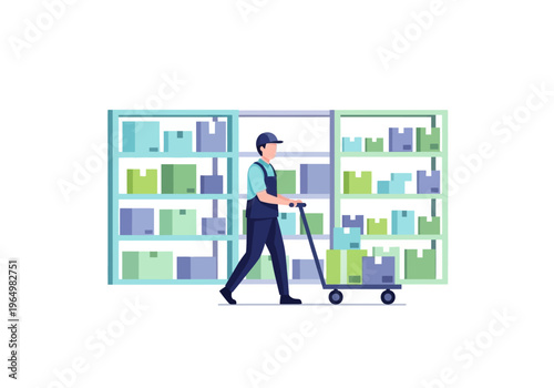 Warehouse worker pushing a cart loaded with boxes through aisles of shelving units