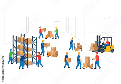Warehouse operations with workers moving boxes and using forklifts