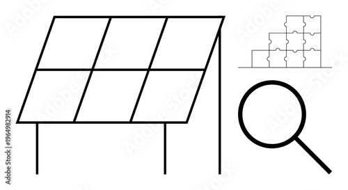 Renewable energy concept. Solar panel design emphasizing sustainable technology. Renewable solutions explored with magnifying glass symbolism. Ideal for green energy, education, research, innovation
