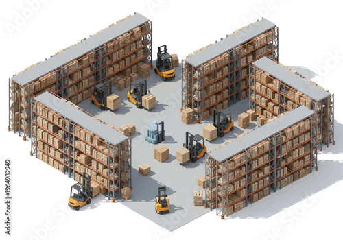 Isometric warehouse interior with forklifts and stacked boxes, organized logistics and storage solutions