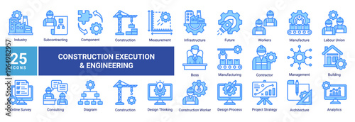 Construction Execution and Engineering icon set featuring building,infrastructure,workforce,manufacturing,and design process.Ideal for industrial,engineering,and development projects.