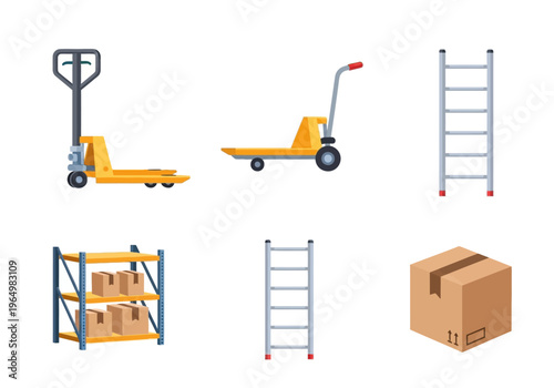 Set of warehouse equipment and storage solutions including pallet trucks, shelving units, and cardboard boxes
