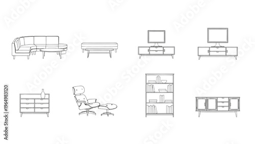 Set of minimalist line art furniture illustrations for modern home decor