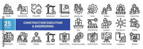 Construction Execution and Engineering icon set featuring building,infrastructure,workforce,manufacturing,and design process.Ideal for industrial,engineering,and development projects.