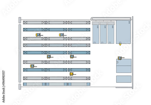 Industrial warehouse shelving units and storage racks overhead view illustration