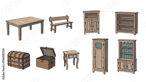 Collection of vintage wooden furniture and storage items