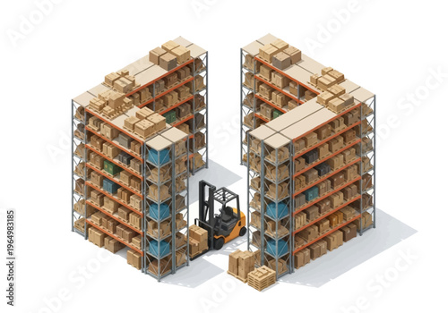 Isometric view of a warehouse interior with shelves stacked high with boxes and a forklift moving goods