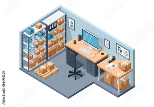 Isometric view of a tidy home office with computer, desk, shelves, and packages