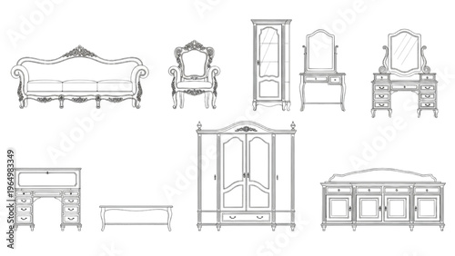 Collection of ornate antique furniture designs in a linear drawing style