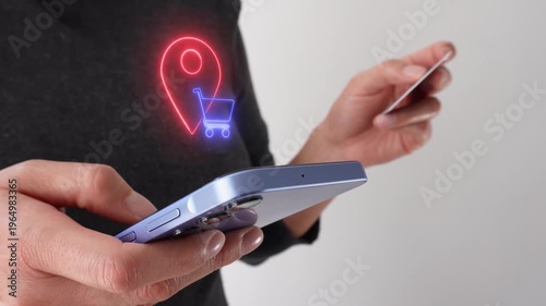 Locating stores and shopping. Businesswoman holding a bank card while holding a smartphone with a virtual location pin icon and a shopping cart.