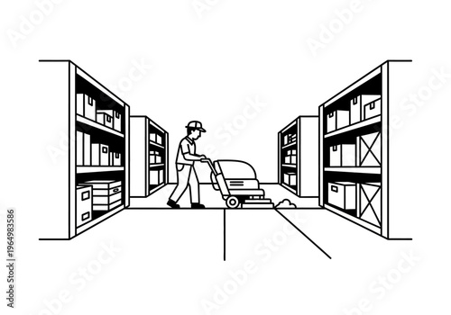 Industrial cleaning in a warehouse using a floor scrubber machine by a worker