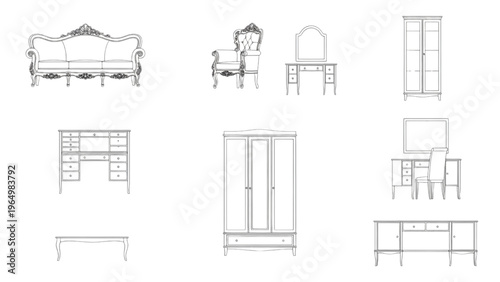 Collection of vintage furniture illustrations for interior design