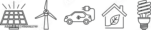 Sustainable Energy Icon Set with Solar Panels, Wind Turbine, Electric Car, Eco Home, and LED Bulb for Green Energy, Environment, and Eco-Friendly Design Projects