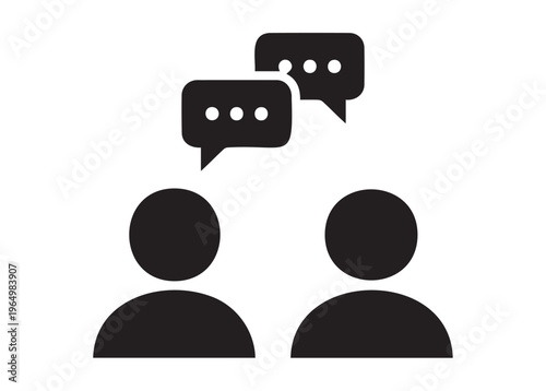 Simple black icon depicting two people communicating with speech bubbles