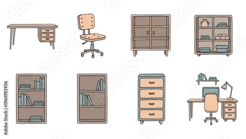 Collection of Office Furniture and Supplies Illustrations