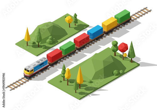 Isomeric train with containers on tracks amidst geometric hills and trees, illustration