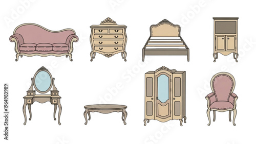 Vintage Furniture Collection Classic Sofa, Bed, Cabinet, and Chairs