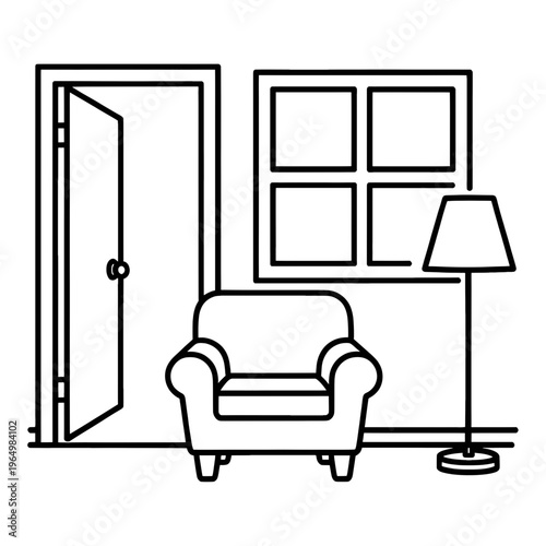 Cozy Room Vector Icon with Chair Lamp and Window
