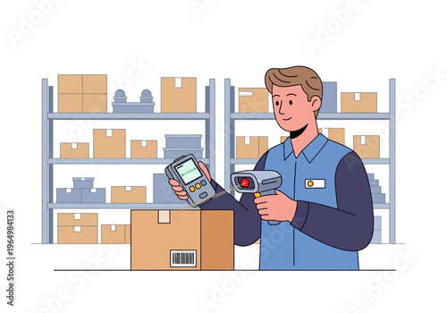 Warehouse worker scanning a package with a barcode scanner and handheld device