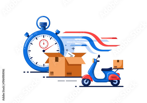 Fast delivery service concept with scooter, stopwatch, and package, illustrating speed and efficiency