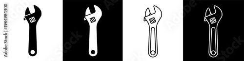 Adjustable wrench icon set black and white line art silhouette.