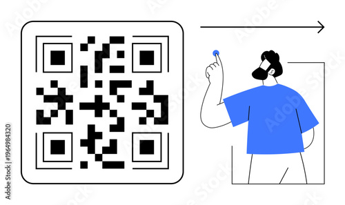 Digital authentication, contactless payment, data transfer, technology usability, identity verification, online security. QR code and person interacting. Digital authentication and contactless