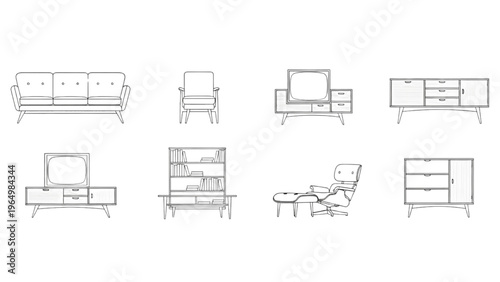Minimalist line art collection of mid-century modern furniture illustrations