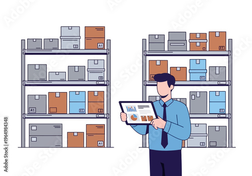 Warehouse management system with a man holding a tablet and analyzing inventory data