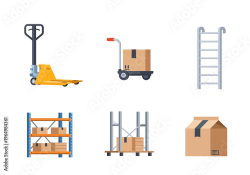 Collection of warehouse equipment and packaging materials, logistic icons