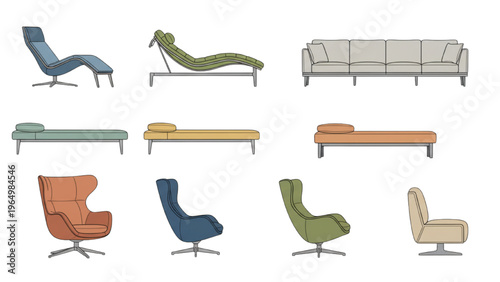 Modern furniture styles diverse chairs, loungers, and sofa designs collection
