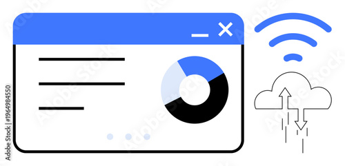 Data analytics. Dashboard interface with chart visualizing data and cloud connection data analytics process. Data analytics for business, technology, cloud services, software tools, IoT