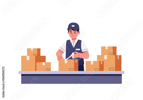Delivery worker packing boxes on a conveyor belt for shipping and logistics